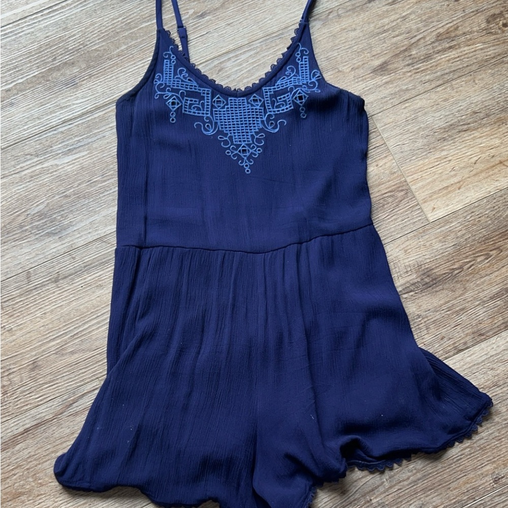 Navy Blue Embroidered Romper